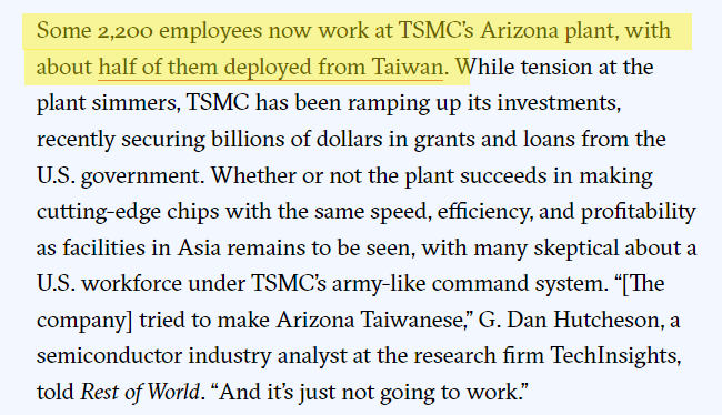 GlennLuk's tweet photo. "About half" of the ~2,200 employees at TSMC's Arizona plant are from Taiwan.

There are two things that matter to them and their families. https://t.co/IvQ7VKtzSc