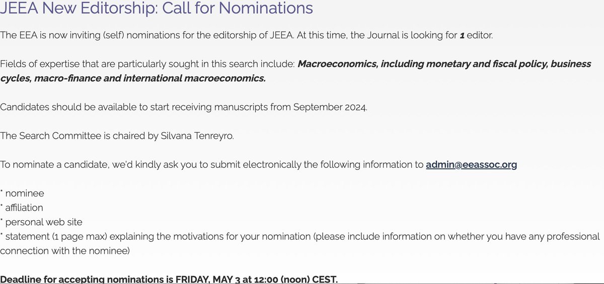 We invite (self) nominations for the editorship of @JEEA_News Nomination deadline: Friday May 3 Full info: eeassoc.org/news/jeea-new-….