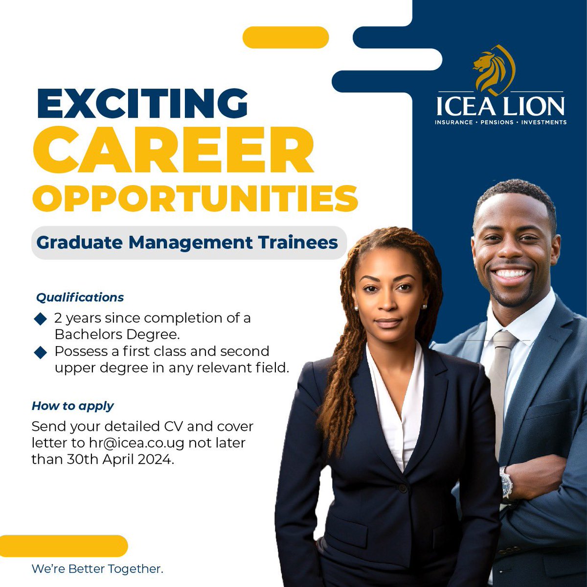 What's next after graduation? 😊 Our Graduate Management Trainee Program offers comprehensive career guidance, and growth opportunities

Join the Simba family by applying today and pave your way to an exciting career journey. #ICEALIONUg #Work #Uganda