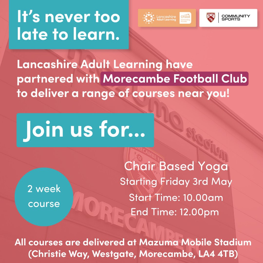 📚 The first week of the @LancsLearning Chair Based Yoga course takes place on Friday 3 May at the Mazuma Mobile Stadium, starting at 10:00am! #UTS 🦐 | #LancashireAdultLearning