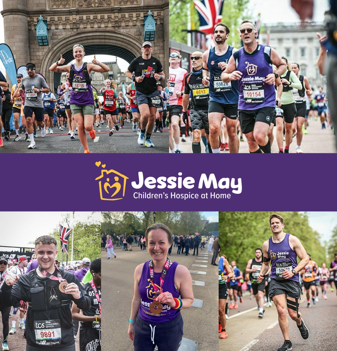A massive thank you to our five @londonmarathon runners! James Purrington , Claudia Ryall, Dean Austin, Emily Crane and George Huke. Consider donating today. So that we can continue to provide vital care for children and young people in our area. jessiemay.org.uk
