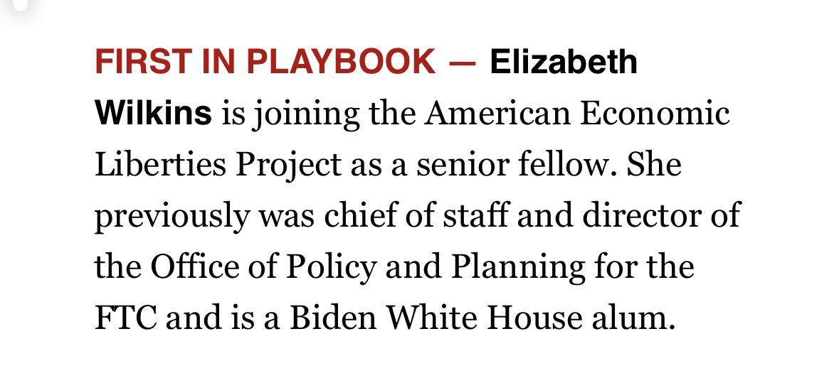 We are thrilled to welcome @ewwilkins to the team! Elizabeth’s work at the FTC has been critical in the fight against corporate power from noncompetes to junk fees to merger guidelines. Look forward to working together at @econliberties’ on the next set of challenges.