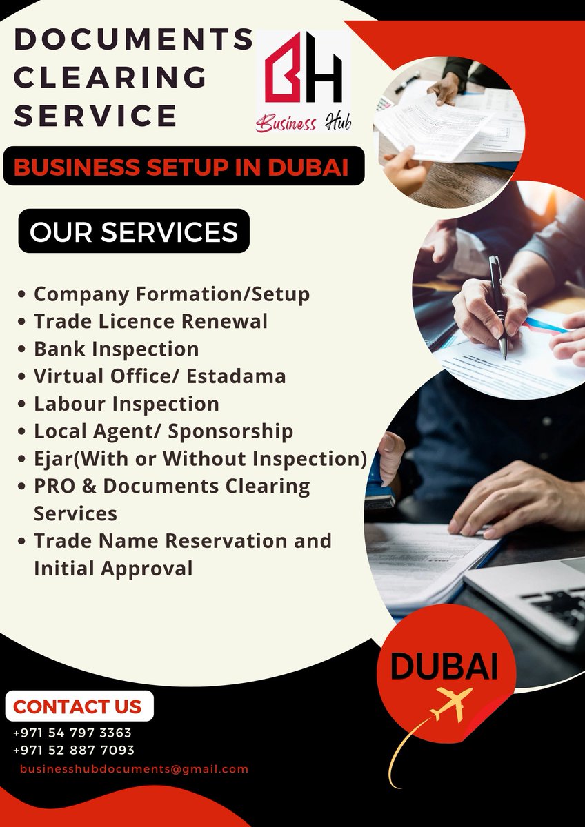 Documents Clearing Services in DUBAI.
 #companyformations #tradelicencerenewal #bankinspection #virtualoffice #labourinspection #sponsorship #Ejari #PRO #tradenamereservation #dubaibusiness #uae #dubaination #dubailife #dubai.

Contact Us:
+971 54 797 3363
+971 52 887 7093