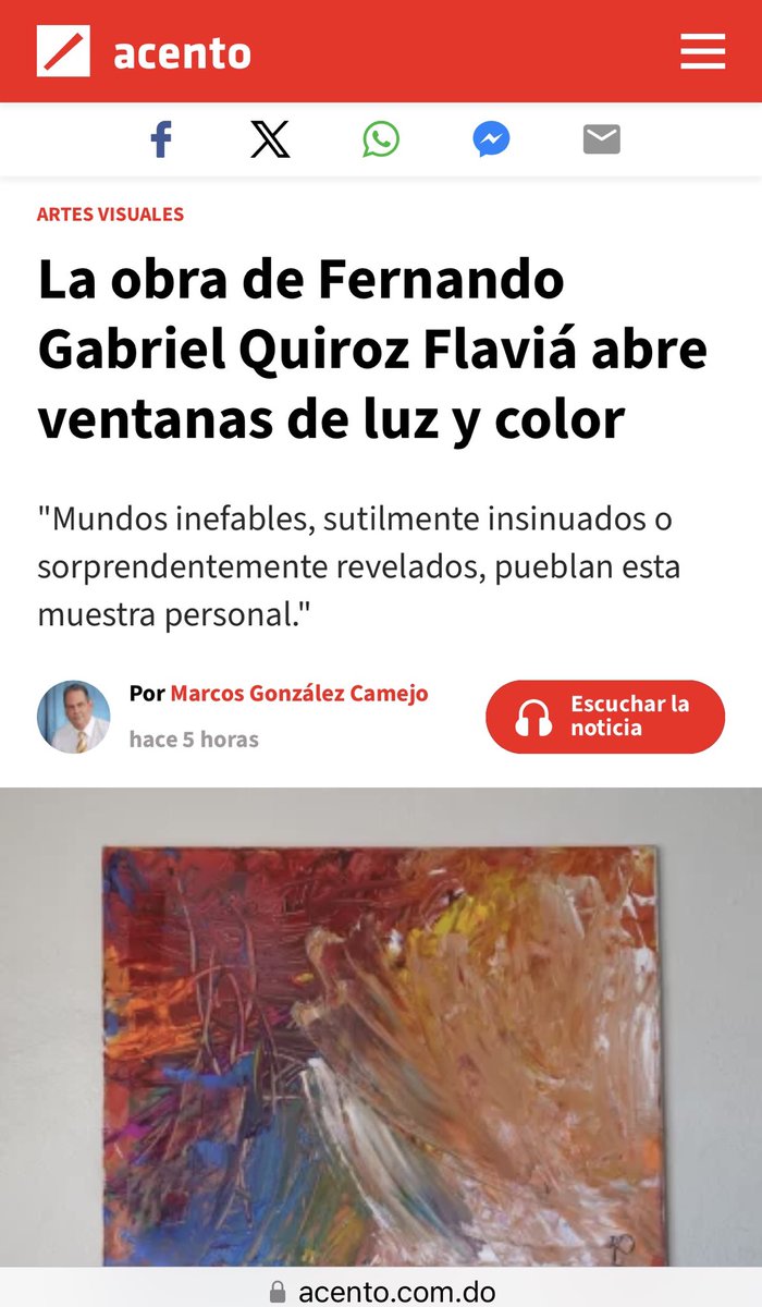 Valoramos apoyo de ⁦@acentodiario⁩ / ⁦@GustavoOlivoPea ⁩Crítica de arte de don Marcos González Camejo a la exposición Multiverso de Colores de nuestro Fernando Gabriel #Autismo 💙 Mira esta noticia: acento.com.do/cultura/la-obr…