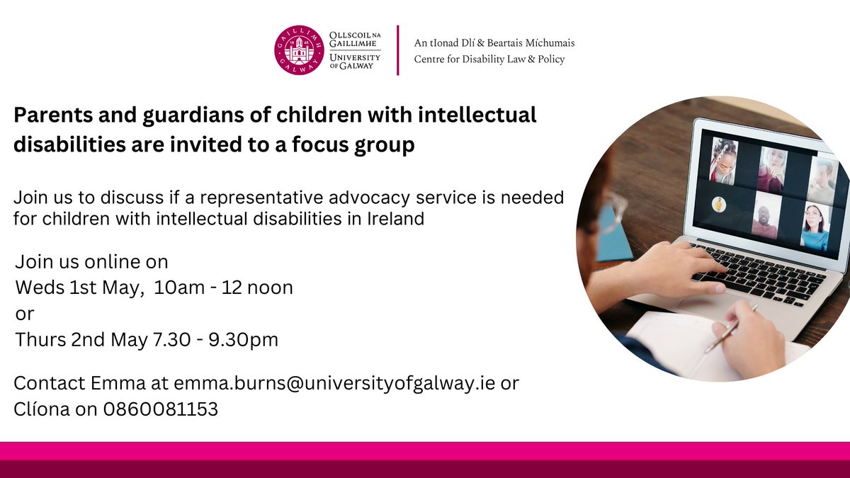 Parents/guardians of children with intellectual disabilities are invited take part in our research for @InclusionIre about representative advocacy services. Online focus groups on Weds 1/05 10- 12 noon or Thurs 2/05 7.30-9.30pm. Call 0860081153 or emma.burns@universityofgalway.ie