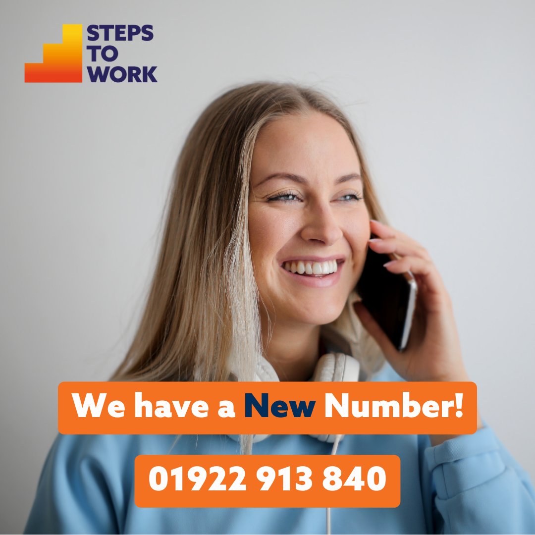 Steps to Work, has a new contact number! 📞 Reach out to us at 01922 913 840 for all inquiries, support, and to learn more about our programs and services. We're here to help you take the next step towards a brighter future. #StepstoWork #CommunitySupport #NewContactNumber