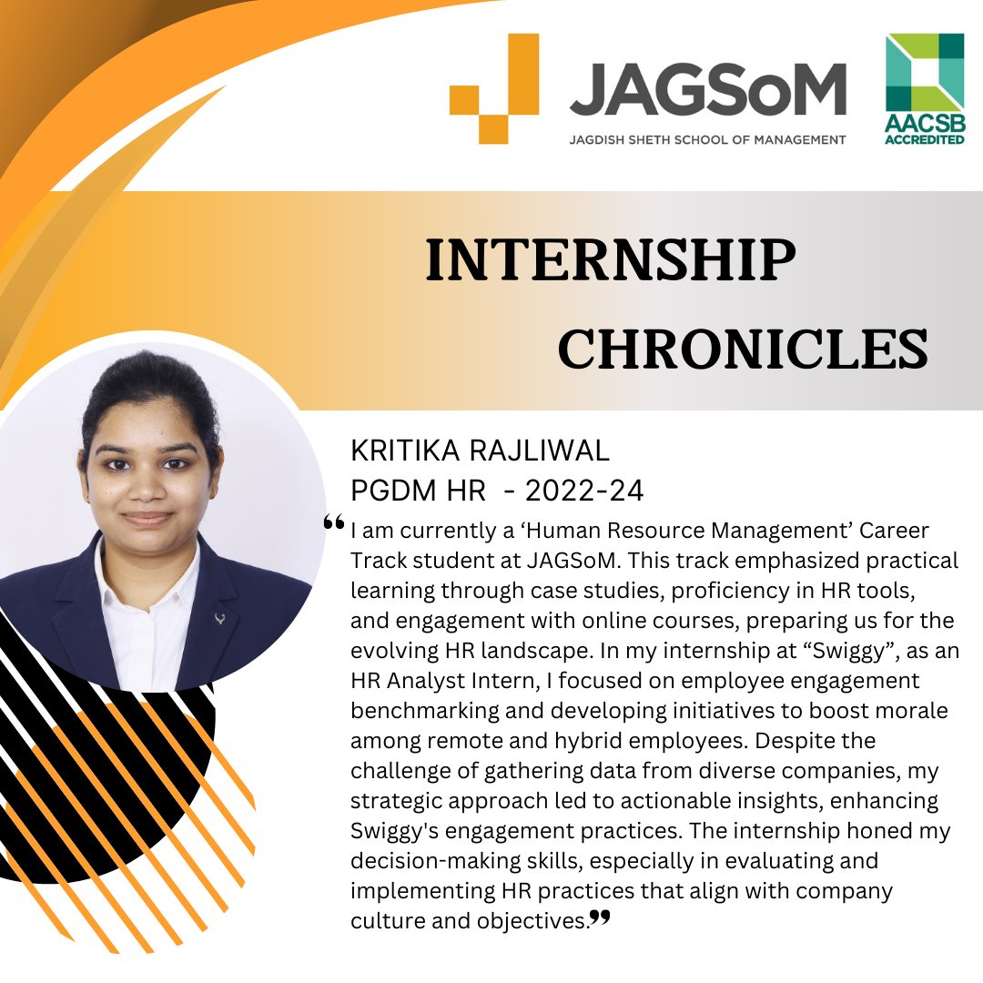 Meet Kritika Rajliwal (PGDM- HR Batch 2022-24), reflecting on her enriching internship experience at Swiggy. In JAGSoM, students undertake internships at the end of their PGDM journey. Students select a Career Track aligned to their professional goals.