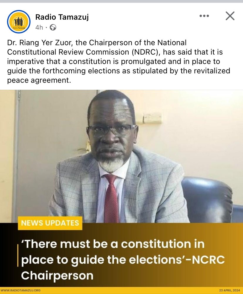 News from @RadioTamazuj stated that Dr. Riang Yer Zuor, the Chairperson of the #NDRC has just said today that the constitution will be ready to guide the forthcoming elections as stipulated by the revitalized peace agreement. I like the fact of this talking coming to reality.