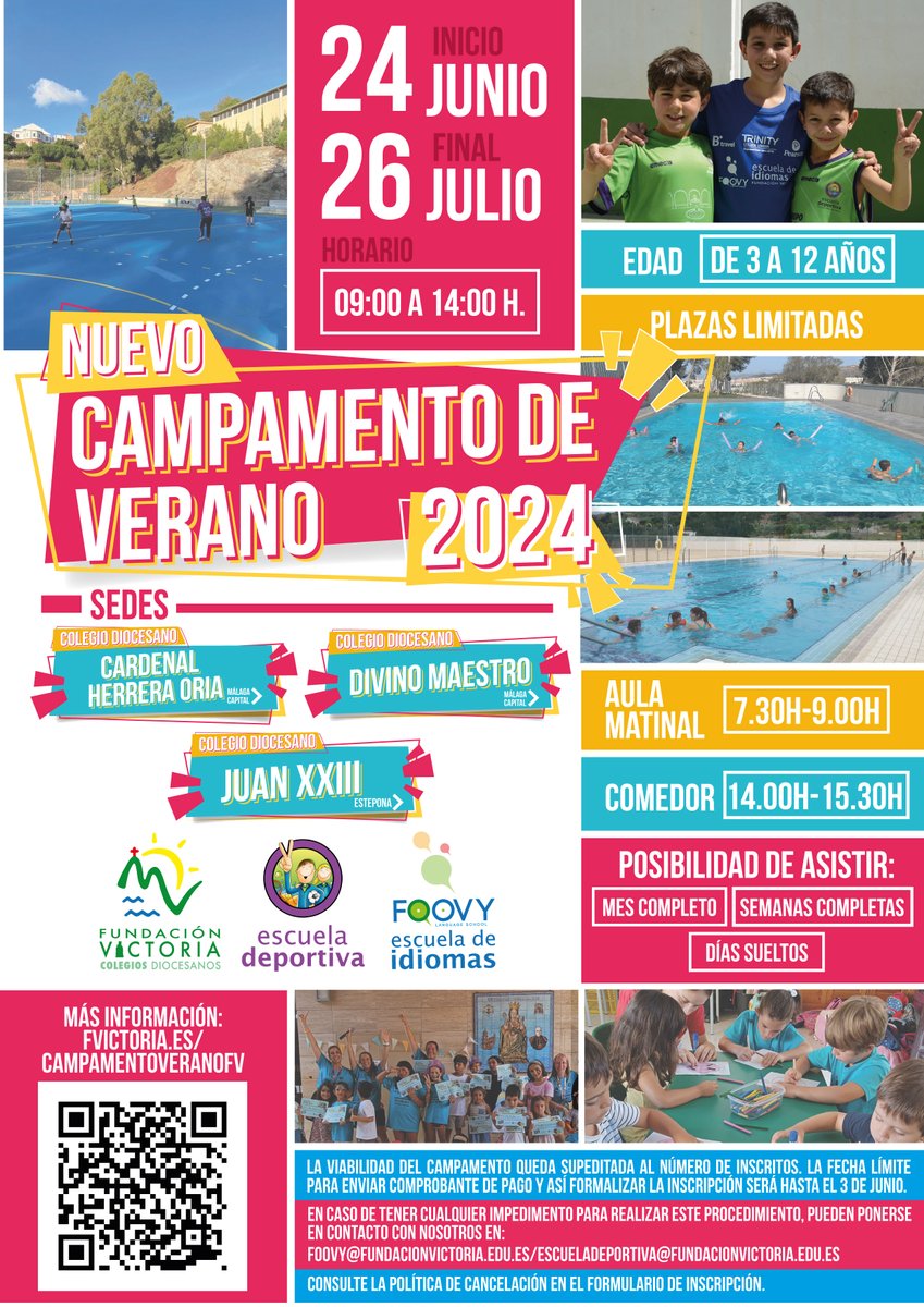 📣 Noticia | ¡Ya puedes realizar tu inscripción en los nuevos #CampamentosVeranoFV!

📌 Málaga: @cardenal_ori y @DiocesanoDivino 
📌 Estepona: @CDPJuanXXIII 
📅 Del 24 de junio al 26 de julio

ℹ Info e inscripciones: fvictoria.es/campamentovera…

#ColegiosDiocesanos