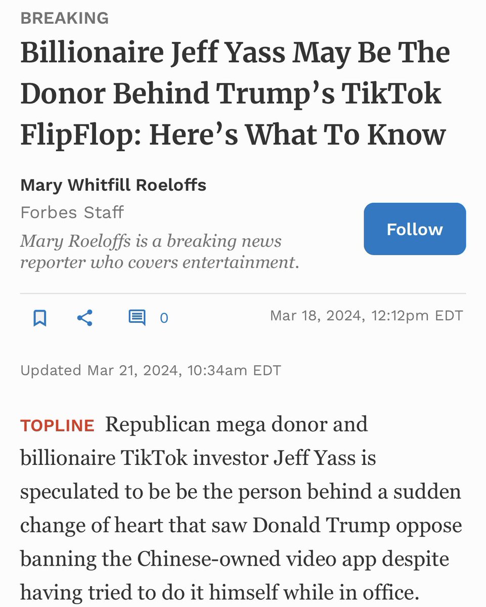 NEW: Mr. Trump reiterates his support for China-owned TikTok; says that Biden deserves all of the credit for opposing it. archive.is/2024.04.22-212… Relatedly, Trump megadonor Jeff Yass has a $33 billion stake in TikTok. forbes.com/sites/maryroel…