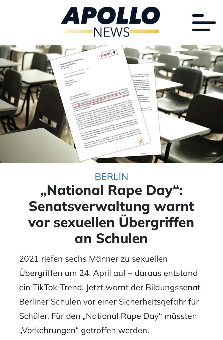 Der Senat schickt aktuell Warnungen an alle Berliner Schulen - morgen ist „National Rape Day“. Es müssten Vorkehrungen getroffen werden, weil Übergriffe drohen. In was für einer kranken Welt leben wir eigentlich? apollo-news.net/national-rape-…