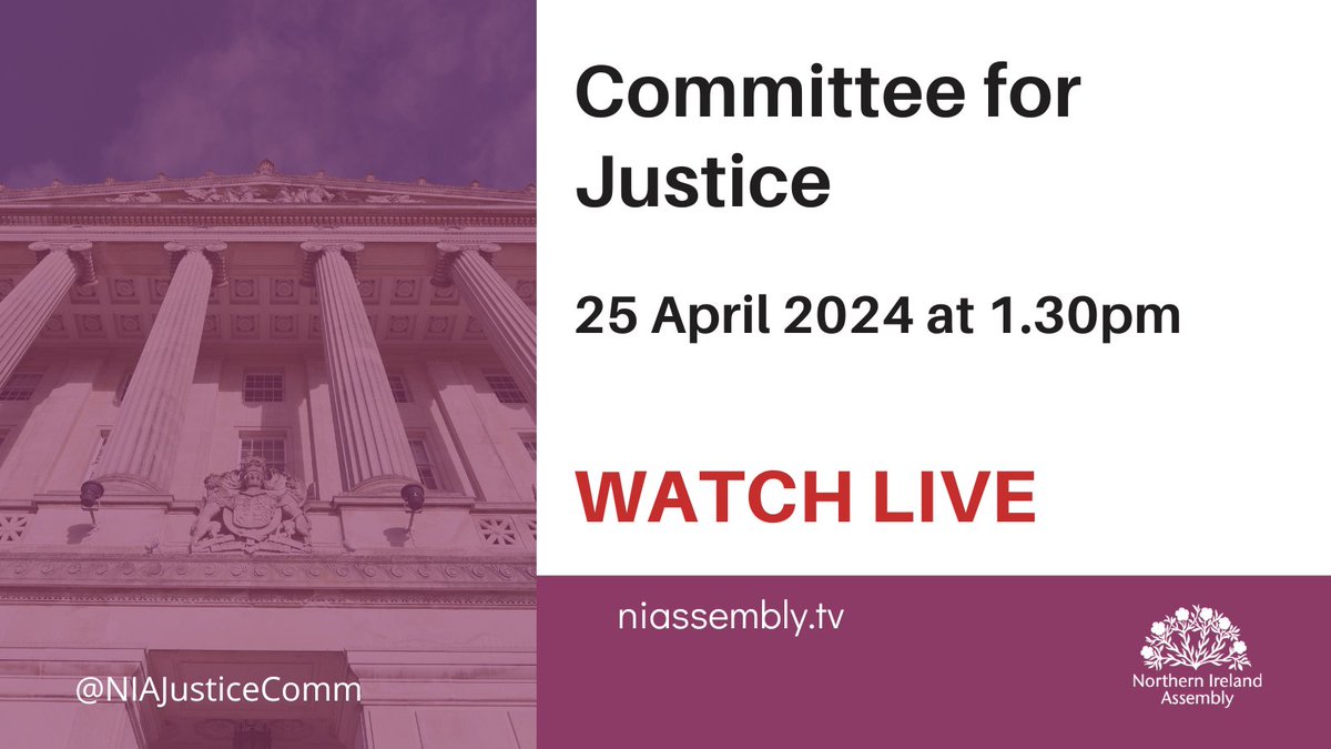 This Thursday the Committee for Justice will hear evidence from the: 🟣Minister of Justice, Naomi Long, and the Permanent Secretary, Hugh Widdis 🟣PSNI Chief Constable, Jon Boutcher 🗓️25 April 2024 📃Agenda - aims.niassembly.gov.uk/assemblybusine… 📺Watch live - niassembly.tv