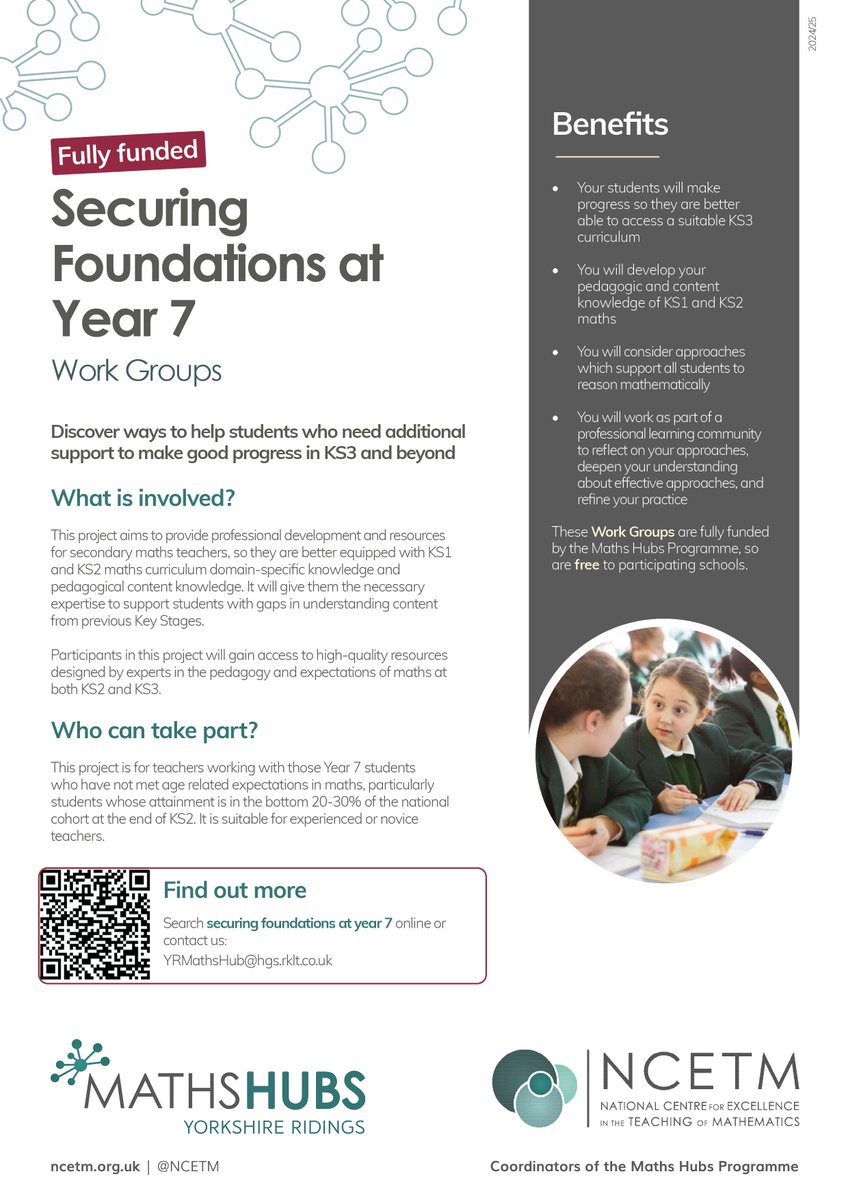 📢Brand new Work Group for Year 7's, starts Autumn 2024. 

To find out more tinyurl.com/4dkvuvtp or express your interest tinyurl.com/SecuringFounda…

#NCETM #CPD #freeCPD #mathsCPD #ThePowerOfMaths #SecondaryMaths #MathsEducation #MathsHubs #SecuringFoundationsatYear7