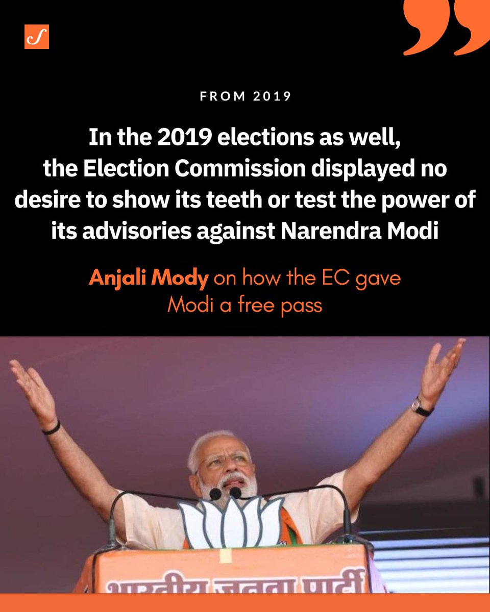 There can be only two reasons for this: either they are either committed to Narendra Modi and his ideological agenda or they fear the vindictiveness of the Modi-BJP. amp.scroll.in/article/922121/ Anjali Mody✍️on how the #ElectionCommission favoured #PmModi in 2019.