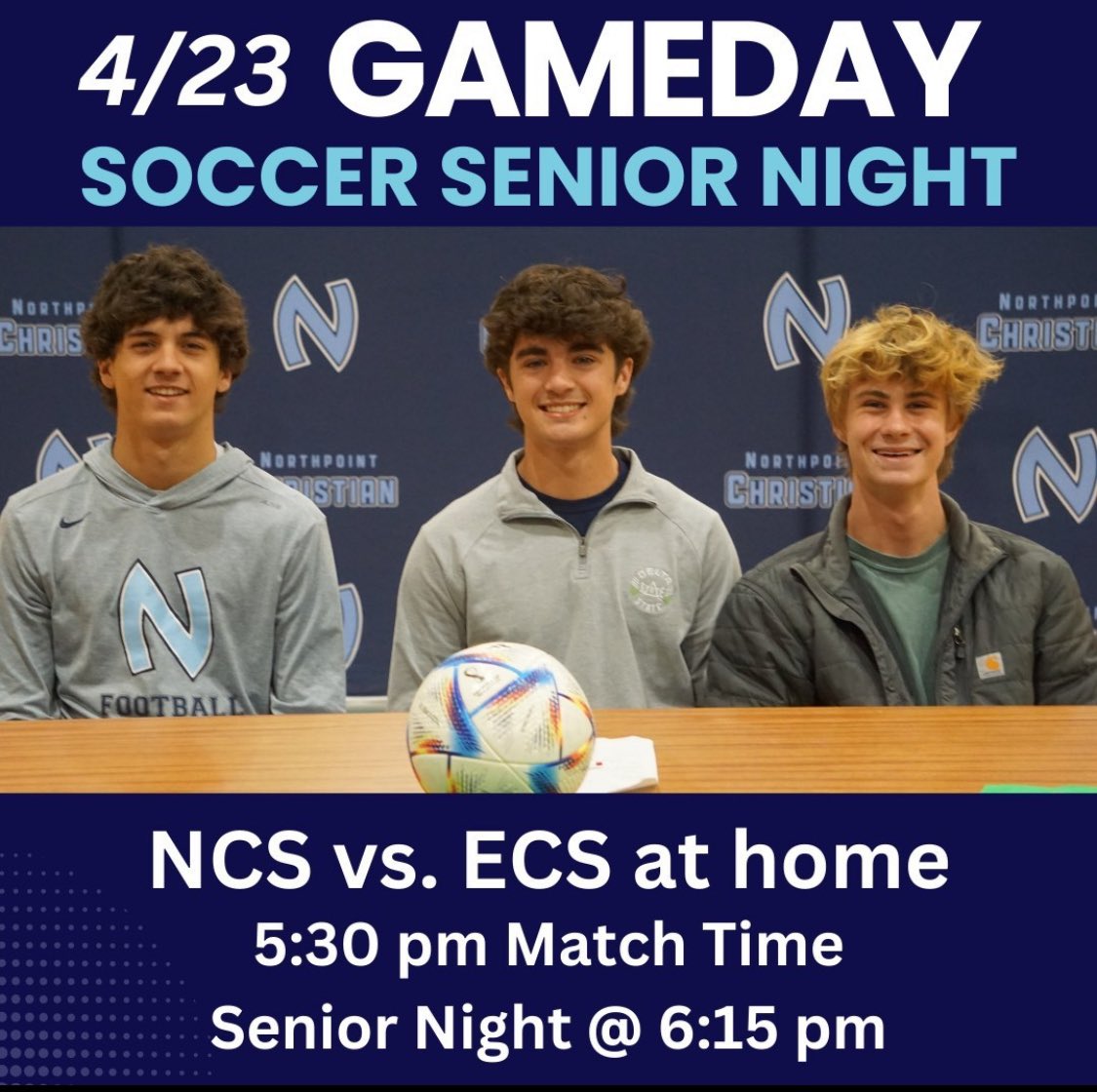 NCSThePoint's tweet photo. The NCS Soccer Team is having a fantastic season! They host ECS tonight at 5:30 pm for a HUGE Game. Winner secures second place in the district. Additionally, tonight is SENIOR NIGHT at 6:15 pm for Charlie Parolli, Eli Bailey, and Brodie Erber. Make plans to #PackThePoint. https://t.co/nX00jUOjAp