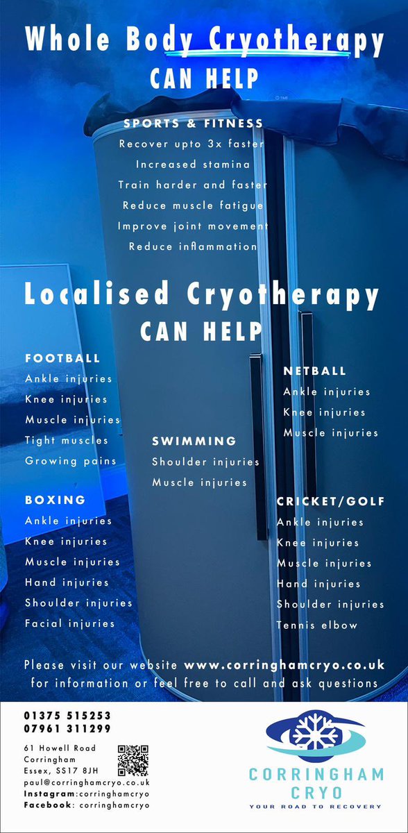 Looking for a Cryo session to help speed up your recovery? Discounted prices for the first week and for players in a football team. If you’re interested contact the number below. #cryo #recovery #football #sports #injuries

@Corringhamcryo
corringhamcryo.co.uk