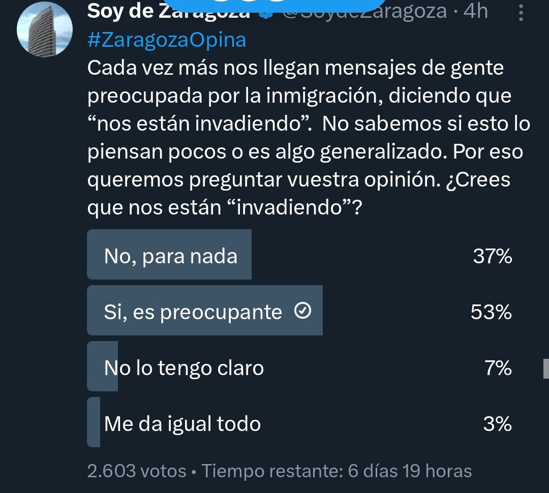 RobertoXenjoyer's tweet photo. Oye, @SoydeZaragoza , se os ha borrado esta encuesta a mitad de votación curiosamente. 

#ZaragozaOpina , pero si la encuesta no refleja lo que quiero, la borro

¿Por qué no la repites? https://t.co/HSz2HjA3zH