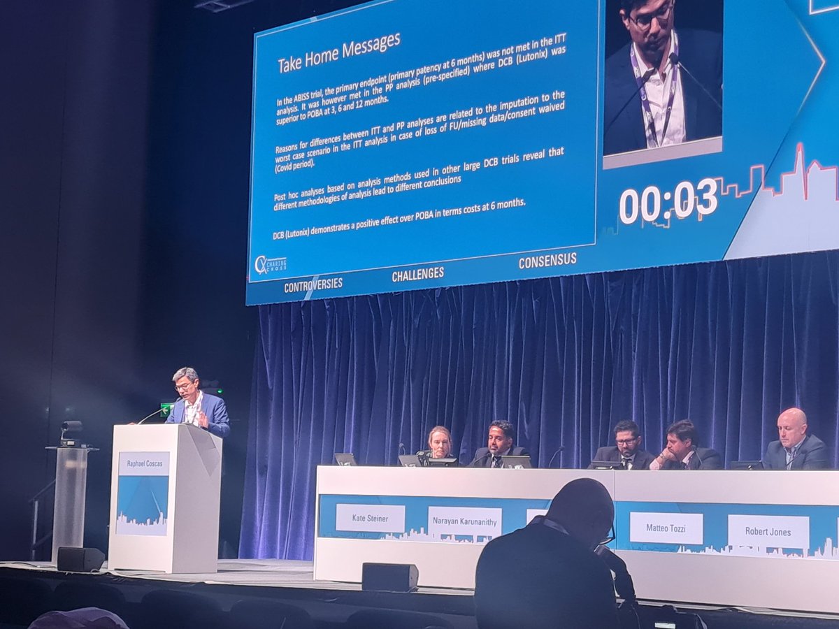 . @RaphaelCoscas outlines findings from the investigator-led ABISS trial, which compared the Lutonix DCB to plain balloon angioplasty. Intention-to-treat analysis did not find a major difference between the two, although per-protocol analysis found the former was superior #CX2024