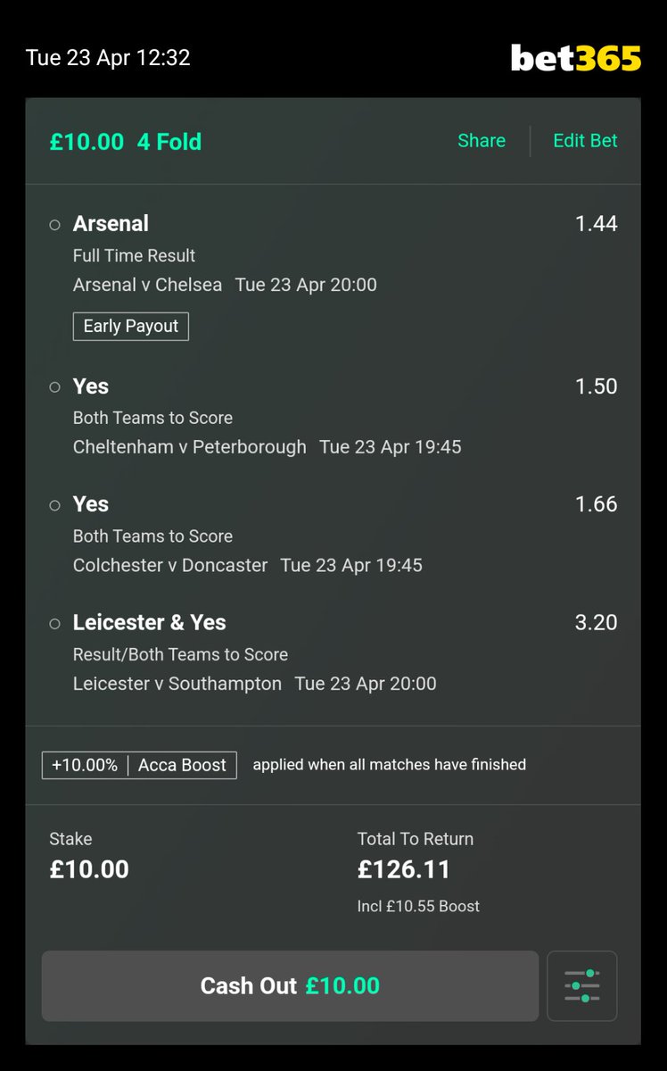 A little accumulator for tonight. I can't see Chelsea winning without Palmer (sounds like he's ill). I can't see Leicester keeping a clean sheet either. Not many games tonight.