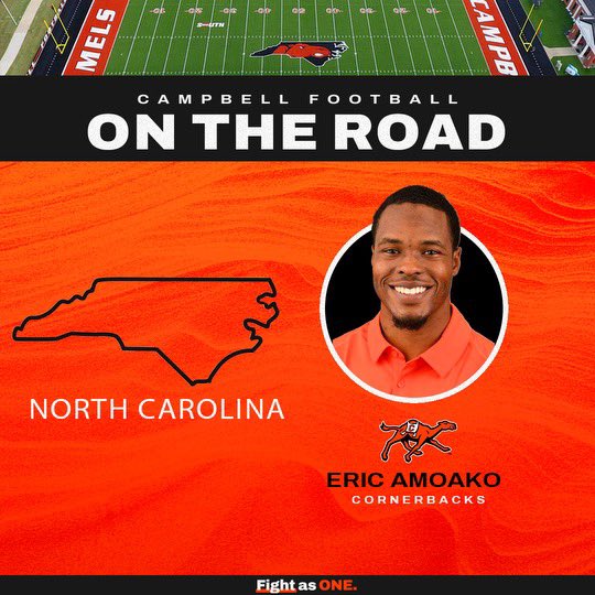 CoachEAmoako's tweet photo. Excited to hit the road this week in the beautiful state of North Carolina! Iโm looking forward to connecting with HS coaches & Iโm on the hunt for future game changers to join THE CAMELS #RollHumps | #FightAsOne ๐ช https://t.co/EF8Bn2kwB5