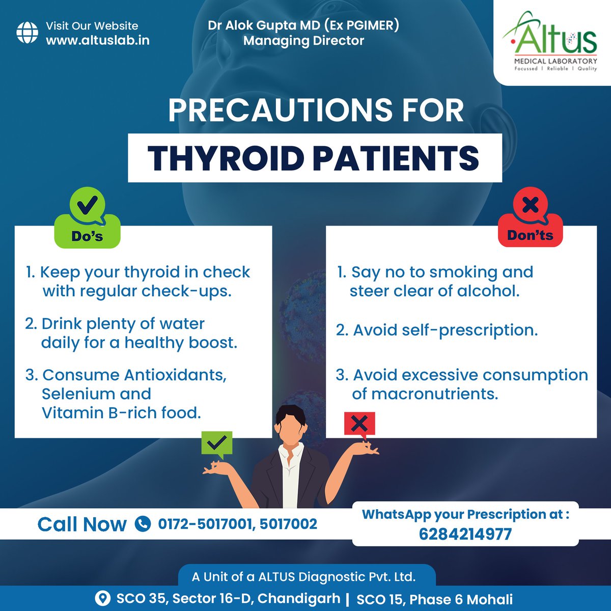 Managing thyroid health is crucial. Follow these simple do’s and don’ts to take care of your thyroid gland. 
#altuslab #thyroid #thyroidgland #thyroidawareness