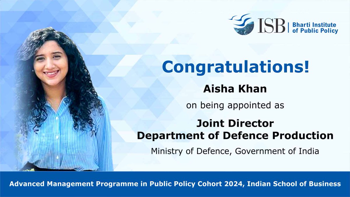 Congratulations #AishaKhan on your appointment as the Joint Director, @DefProdnIndia, Ministry of Defence, Government of #India. #AishaKhan is a student of the Advanced Management Programme in Public Policy (#AMPPP) #Cohort2024 by @BIPP_ISB @ISBedu.
@IASassociation