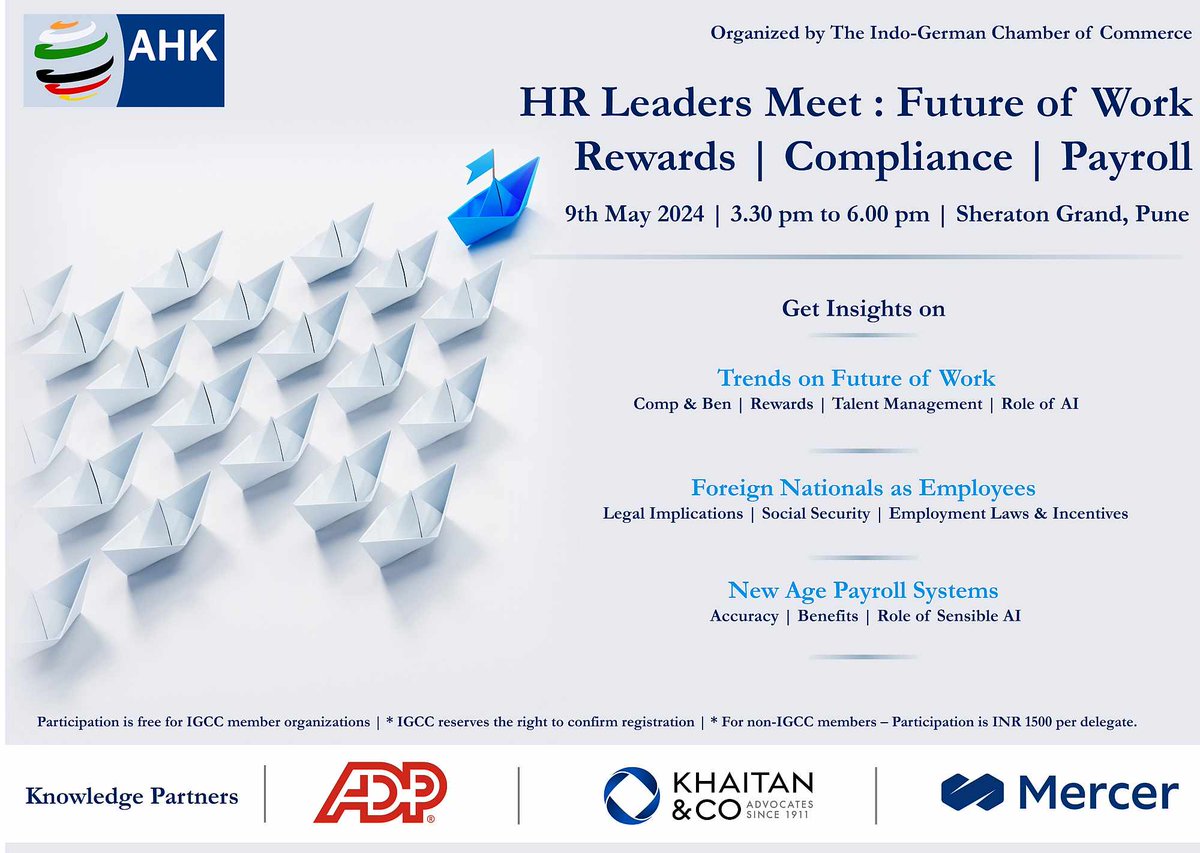 CXOs, MDs, HR Leaders! Join IGCC's 'HR Leaders Meet': Future of Work on 9th May (Pune, 3.30-6.30pm). Gain insights on Global Talent Trends, Hiring Compliance & AI-powered Payroll. Register (Free for IGCC members): lnkd.in/dm-8HX-q