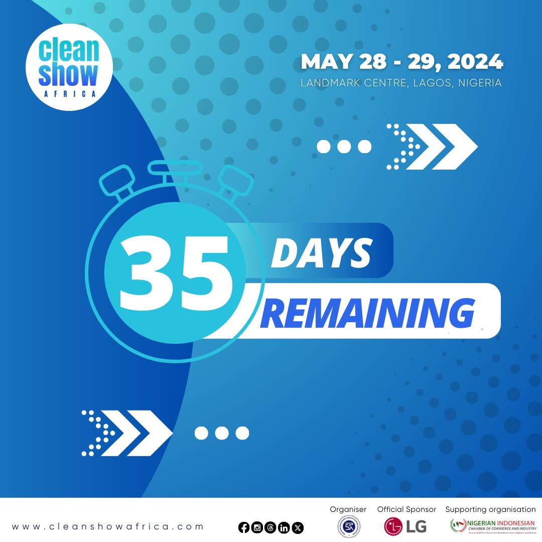 Get ready for #CleanshowAfrica2024, the premier trade exhibition for drycleaning, hygiene, and laundry professionals. 

Register now to attend, connect, and grow your business in just 35 days.

Don't miss out! 🌟 #CleanshowAfrica #TradeExhibition #GrowYourBusiness