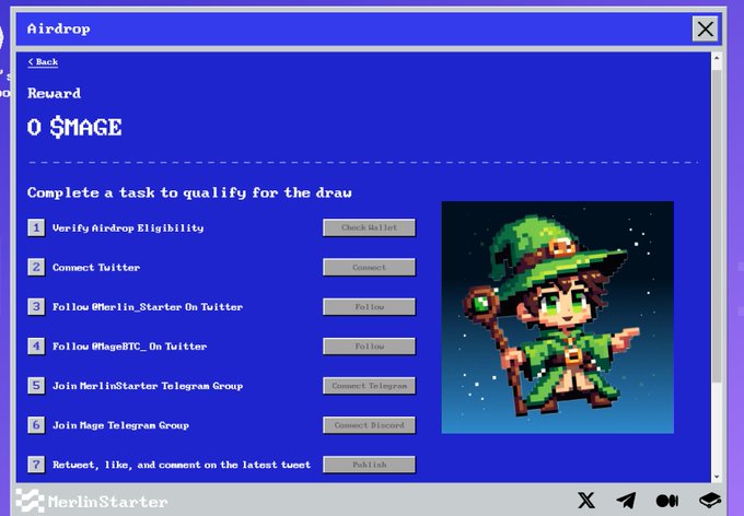 @Merlin_Starter 🎁 The $MAGE Airdrop event kicks off on April 23 at 10 PM SGT! Are you ready? Check eligibility and see your allocation: 1⃣ Visit mageairdrop-merlinstarter.com 2⃣ Connect wallet and cover gas fee 3⃣ Make sure to use your most active wallet