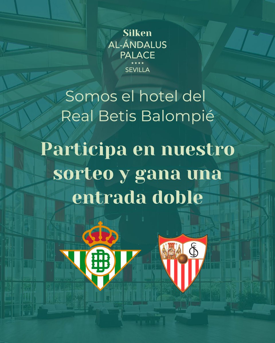 ⚽ Te regalamos una entrada doble, como hotel oficial del @realbetis, para verlos jugar en casa este domingo a las 21h contra el Sevilla FC.
Requisitos:
👍🏻 Seguir nuestra cuenta de X
🔁 Retwittear esta publicación

El día 26 de abril a partir de las 12h diremos quién gana 🏆