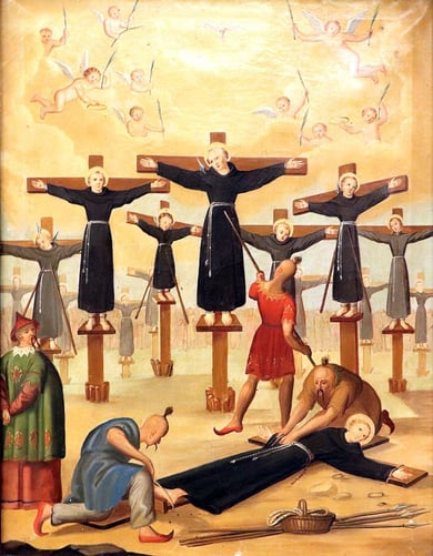 A painting in a Prague church commemorating the 1597 crucifixion of the 26 Catholics of Japan in Nagasaki.