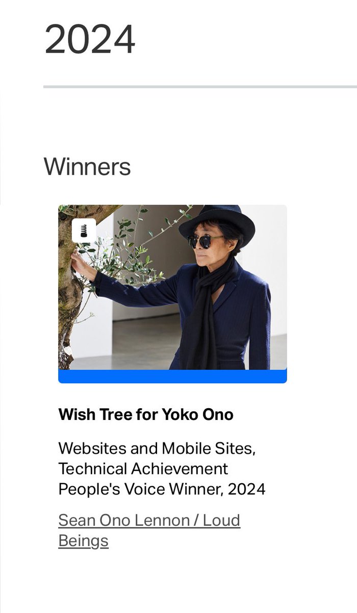 We won a Webby! <a href="/TheWebbyAwards/">The Webby Awards</a> <a href="/yokoono/">Yoko Ono</a> 

Please make a wish and plant a tree:
wishtreeforyokoono.com