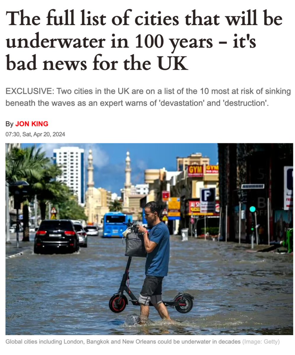 NEW: London and Cardiff are 2 of the 10 cities most at risk of sinking due to climate-driven sea-level rise. Yet @RishiSunak is failing to put an end to climate-wrecking fossil fuels. This government's short-sightedness will devastate communities and livelihoods.