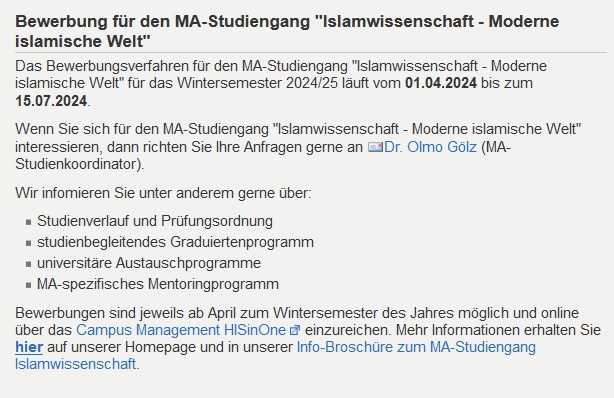 Islamic Studies | Uni Freiburg (@islamicst_unifr) on Twitter photo 📣 Das Bewerbungsverfahren für den MA-Studiengang "Islamwissenschaft - Moderne islamische Welt" <a href="/UniFreiburg/">Universität Freiburg</a> für das WS 2024/25 ist nun eröffnet und läuft noch bis zum 15.07.2024.
Wir feuen uns auf ihre Bewerbung!🧑🎓
💻👉orient.uni-freiburg.de/islamwissensch…
Broschüre👉orient.uni-freiburg.de/islamwissensch… 📣 Das Bewerbungsverfahren für den MA-Studiengang "Islamwissenschaft - Moderne islamische Welt" <a href="/UniFreiburg/">Universität Freiburg</a> für das WS 2024/25 ist nun eröffnet und läuft noch bis zum 15.07.2024.
Wir feuen uns auf ihre Bewerbung!🧑🎓
💻👉orient.uni-freiburg.de/islamwissensch…
Broschüre👉orient.uni-freiburg.de/islamwissensch…