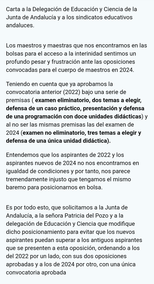 DuranGravan's tweet photo. Carta a @AndaluciaJunta @educaciongob @_Beticosiempre_ @CSIFenseA @EducaAnd @UGT_Andalucia @usteaeducacion .
Teniendo en cuenta los precedentes sentados por otras comunidades los maestros pedimos lo expuesto en esta carta. https://t.co/qay3H4xGxb
