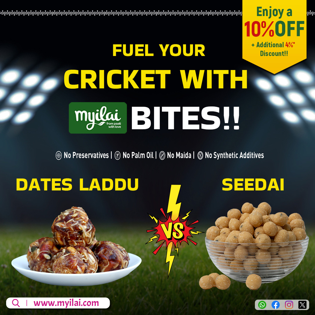 myilai_'s tweet photo. Myilai's Sweets vs. Snacks: The ultimate showdown for your IPL cravings!
Link in Bio🔗
No Palm Oil🚫
No Preservatives🚫
No Synthetic Additives🚫
No Maida🚫
#Myilai #Seedai #Datesladdu #HealthySweets #MyilaiSnacks #IPL2024 #TeamSupport #CricketFever #HealthyEating https://t.co/ZPAs3d0vrA