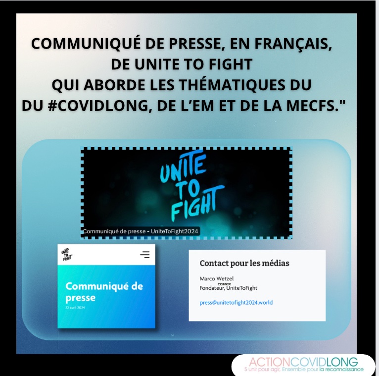 🔥🔥COMMUNIQUÉ DE PRESSE DE @U2Fight_World 22 avril 2024🔥🔥 📣En français, à diffuser auprès des JOURNALISTIQUES ! La première conférence internationale aborde les thématiques du #covidlong de l’#EM et de la #MECFS . #ActionCovidLong #UniteToFight #CovidLong #EM #Jounaliste