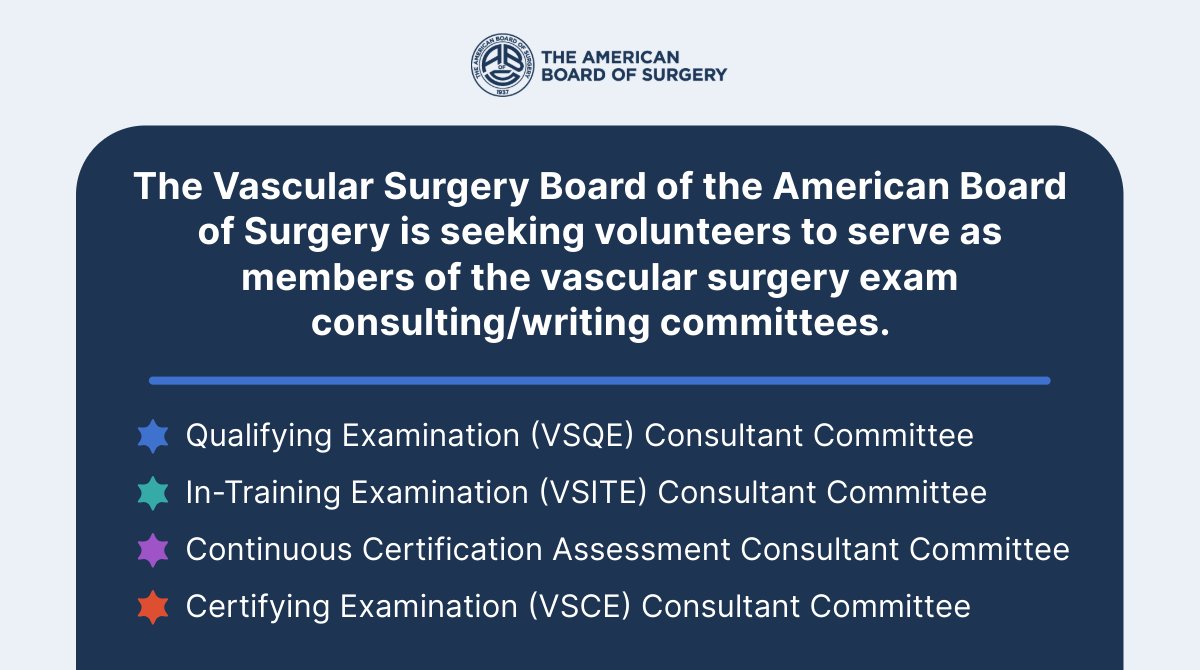 REMINDER: The @VSB_ABS is seeking volunteers from the #vascularsurgery community to serve as members of the vascular surgery exam consulting/writing committees. If you are interested, please complete this form by Apr. 30: ow.ly/BNzR50RlCSZ
