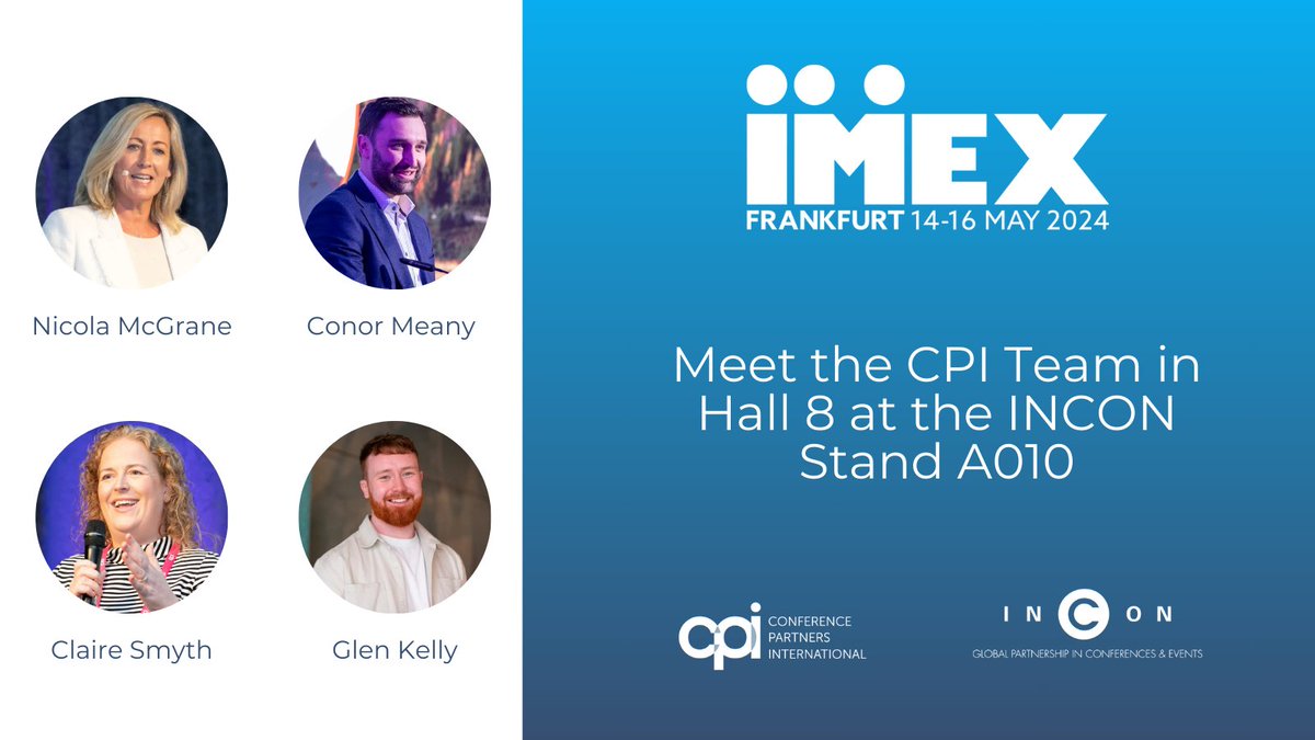 Team CPI are excited to reconnect with clients &amp; colleagues at IMEX Frankfurt! Come join us at the INCON stand in Hall 8, Stand A0108. Whether you want to schedule a meeting or simply say hello, We'll be there and would love to chat! #IMEXFrankfurt #Networking #INCON #EventProfs