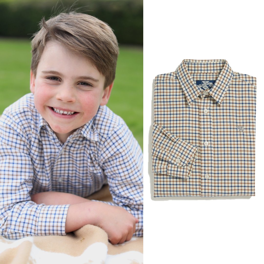 👑 23.04.2024 ~ Prince Louis' 6th birthday photo, taken by his mother the Princess of Wales. #PrinceLouis is wearing @Trotters 'Oliver' shirt in camel check