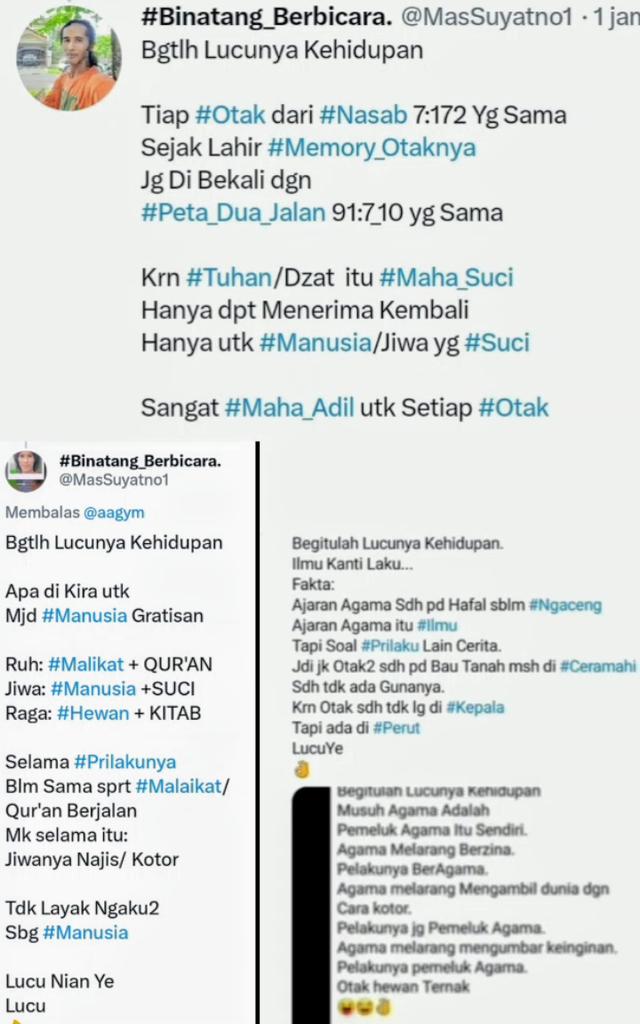 MasSuyatno1's tweet photo. @HisyamMochtar Cerita Lucu
25:43_44
👇
#Alloh (Bersinar)
Malaikat
Manusia
Hewan
Syaitan
#Iblis( Kegelapan)
Tiap Otak Merasa
#Saya_Lebih_Baik
Dn Tiap Otak jg
Merasa apapun yg diLakukan
Sdh Benar
Ngerti Tidak Otak2
Di Dunia ini isinya apa
Lbh Rendah dari Hewan
Apa kbr Otak2 Terdidik
Lucu
👇 https://t.co/YpJgLGDEmV
