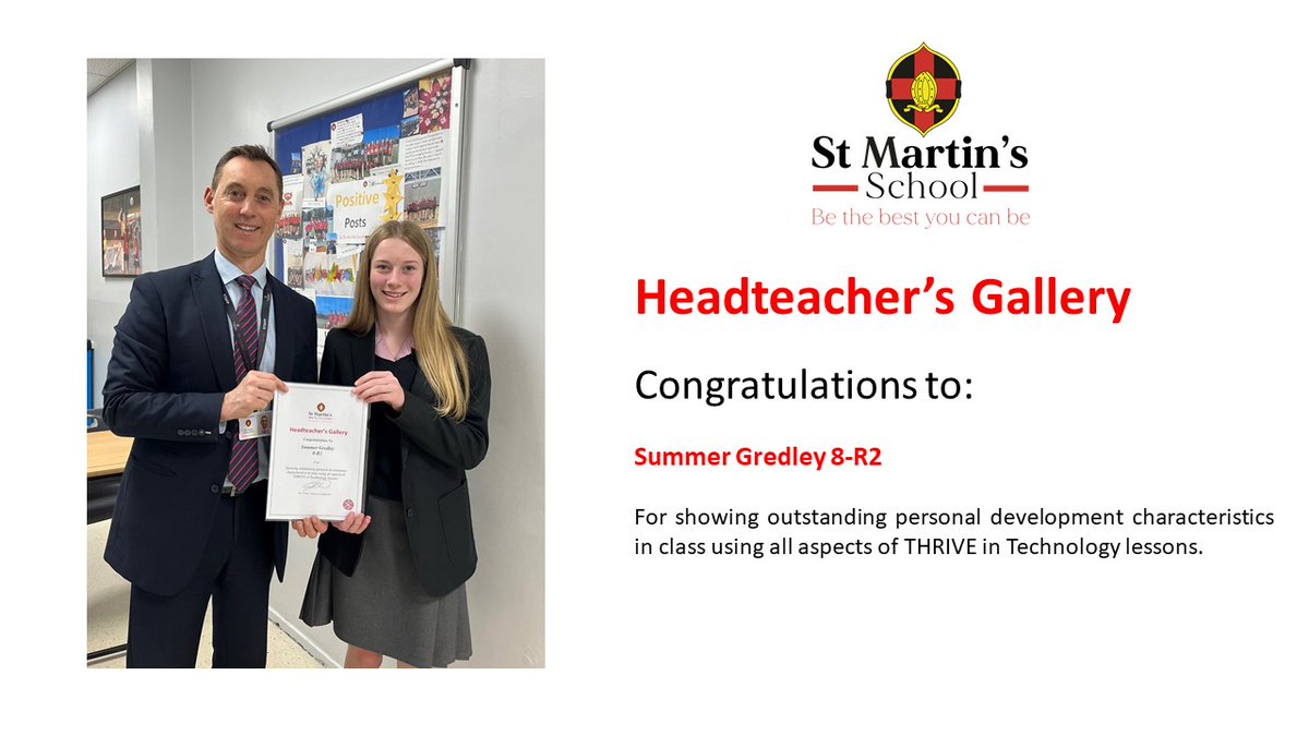 Well done to Ryan Montgomery in Year 9, Summer Gredley Year 8 and Charlie Davis Year 7 for last week's Headteacher's Gallery.