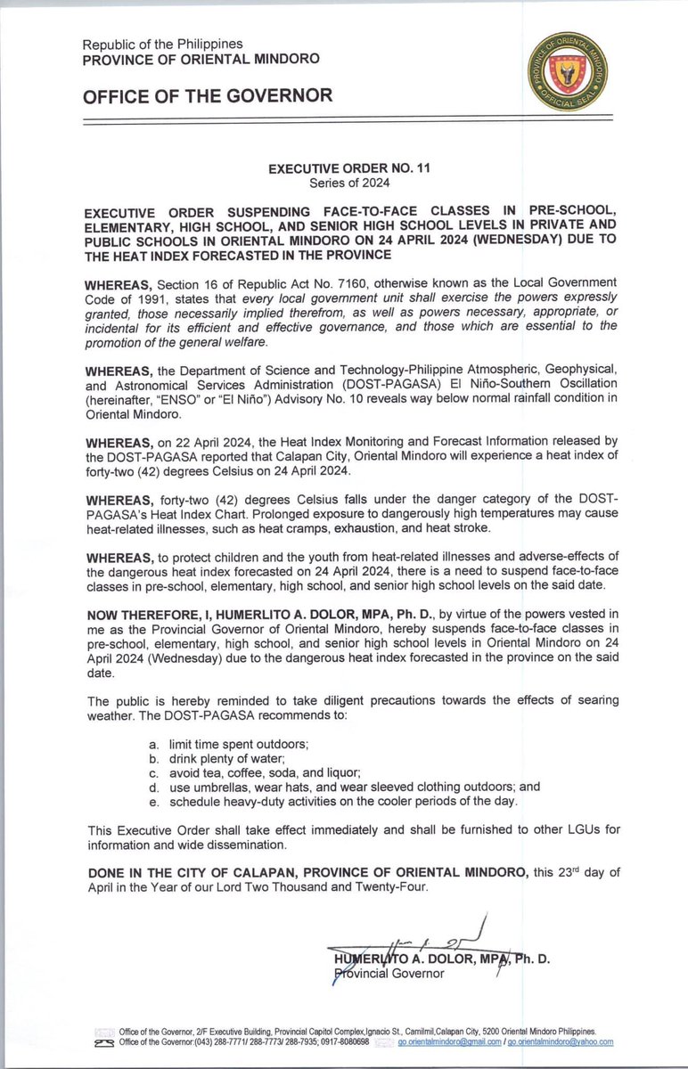 Sinuspinde ni Gov. Bonz Dolor ang face-to-face classes mula pre-elementary (day care centers), elementary, high school at senior high school sa public & private sa Oriental Mindoro bukas, April 24,2024 dahil sa inaasahang heat index na 42 degrees celsius. @ABSCBNNews