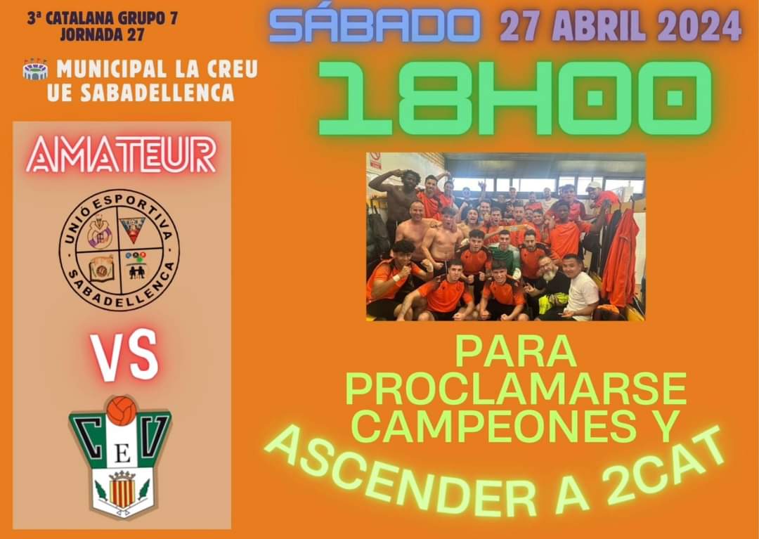 uesabadellenca's tweet photo. ATENCION 📣

Primer equipo cambiamos horario habitual a sábado tarde 18 horas⚽️⚽️

Objetivo único 🎯 Ganar el partido y celebrar el ascenso en casa con toda nuestra afición.

Esperamos a toda la familia naranja para animar !!!!!

#VamosLaSaba🍊 
#LaSabaMola🧡🖤 
#3cat7 https://t.co/2D32RHSVil