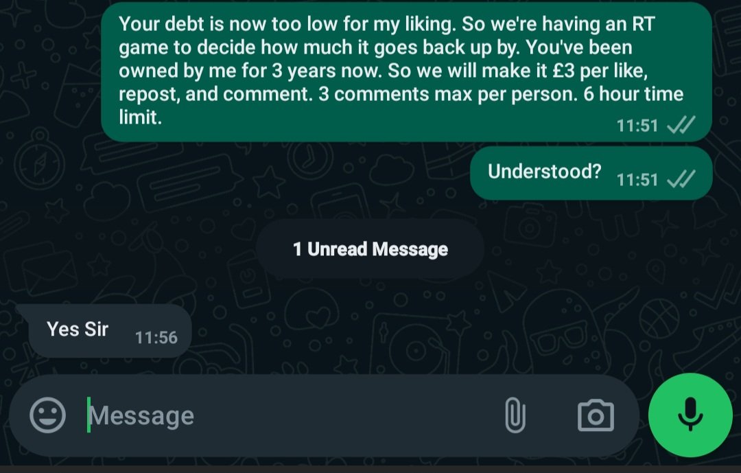 Debt RT game. £3/£3/£3 3 comments per person. 6 hour time limit from now (12:43)