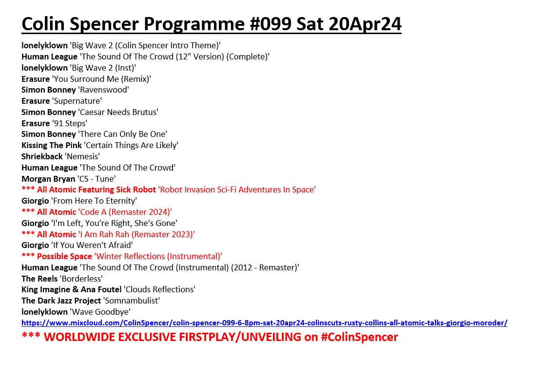 #Tracklisting: #ColinSpencer Programme #099
▶️mixcloud.com/ColinSpencer/c…
featured, at least, 4 worldwide #exclusive firstplays/premières/unveilings amongst the self-released artists and output of labels including
@aristarecords
@CherryRedGroup
@IrregularPat1
@MuteUK
& @virginrecords