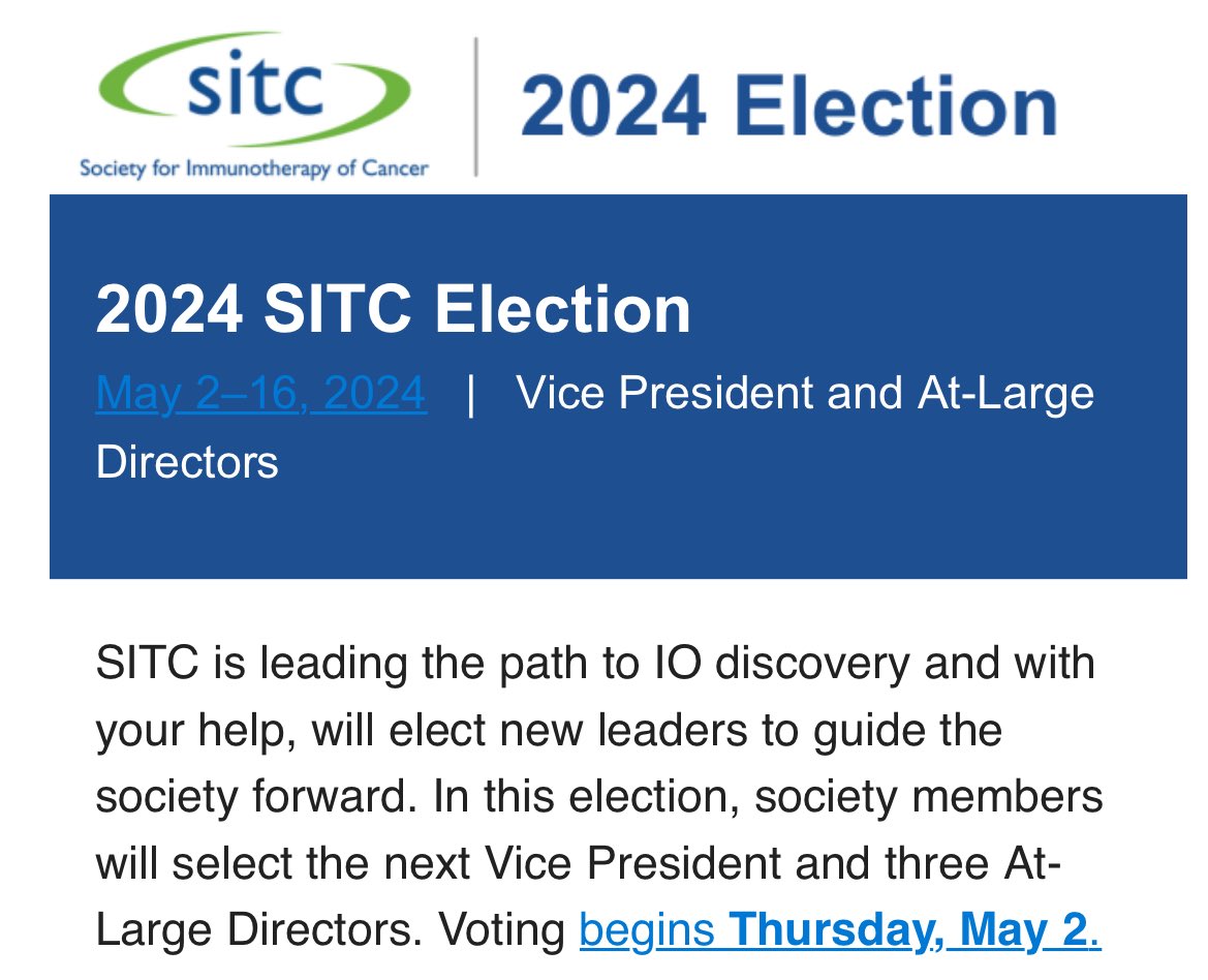 Super excited to support @RobertFerrisMD in VP election @sitcancer! Bob is a visionary physician-scientist & executive leader whose career is dedicated to translational #immunology & #immunotherapy. Amazing potential to lead the society. Plz vote for Bob! contentsharing.net/actions/email_…