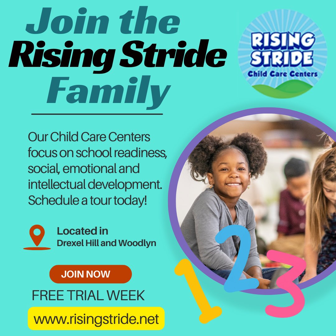 Smiles, laughter, and endless fun await your child at Rising Stride.
Enroll today for a brighter tomorrow! at risingstride.net  #childcare #childcarecenter #preschool #learning #learnandgrow #delcopa