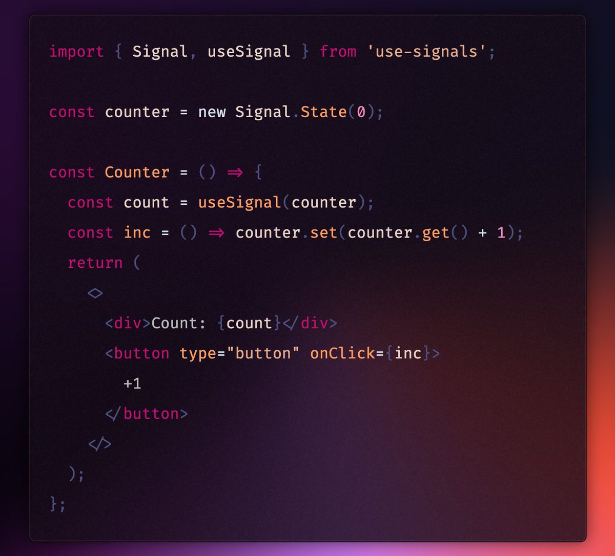 The author of Waku, @dai_shi created a `useSignal` hook that uses TC39 signals. Imagine being able to create stateful libraries for multiple frameworks 🤩.

👉 github.com/dai-shi/use-si…