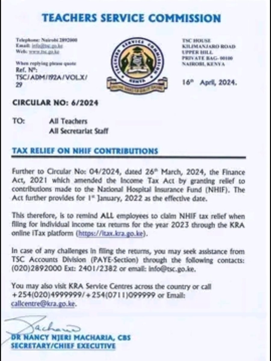 The @TSC_KE asks teachers to claim NHIF tax reliefs as backdated to January 1, 2022 @nhifkenya